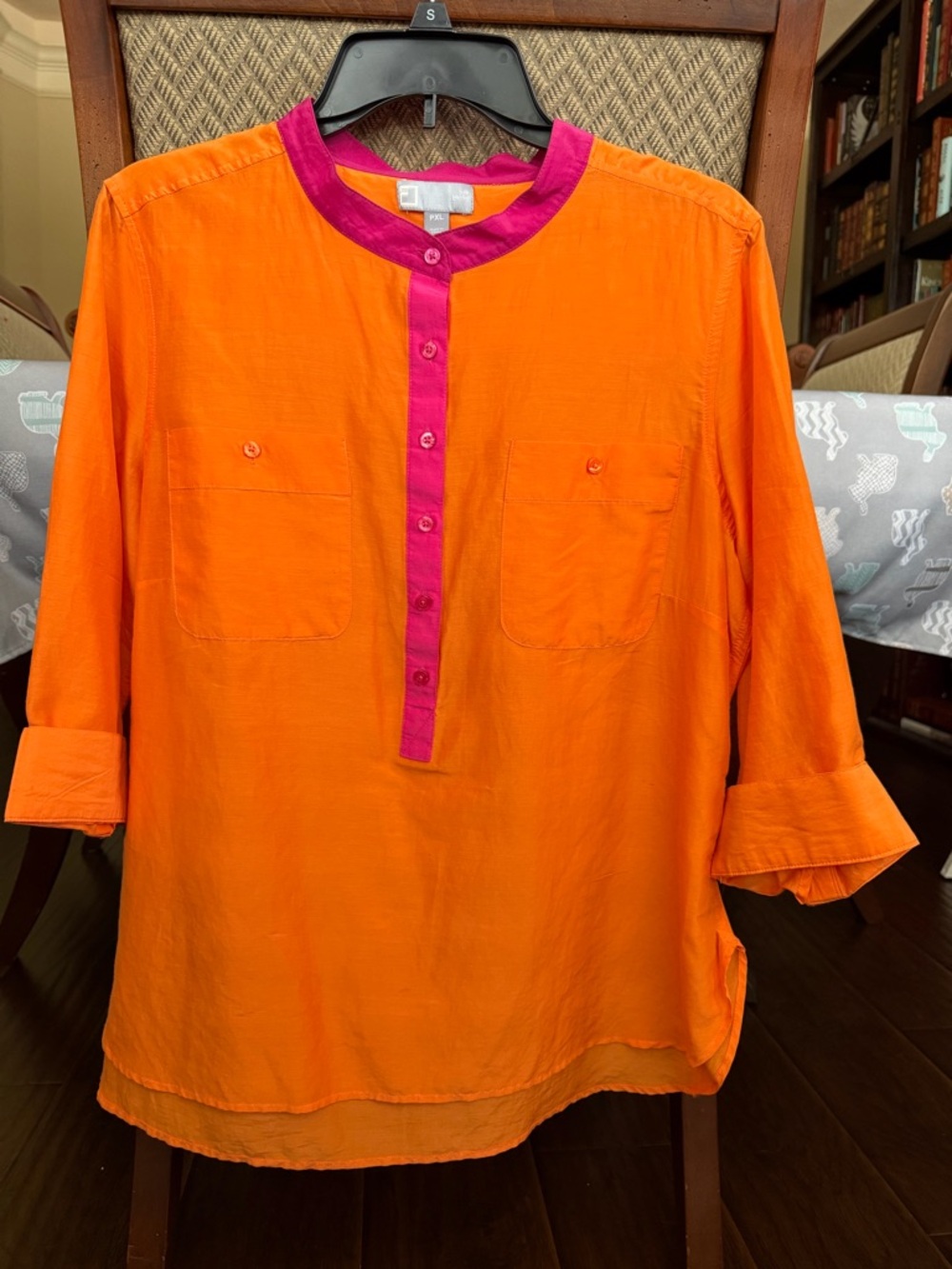 Orange silk blend blouse with Pink Placket and Collar